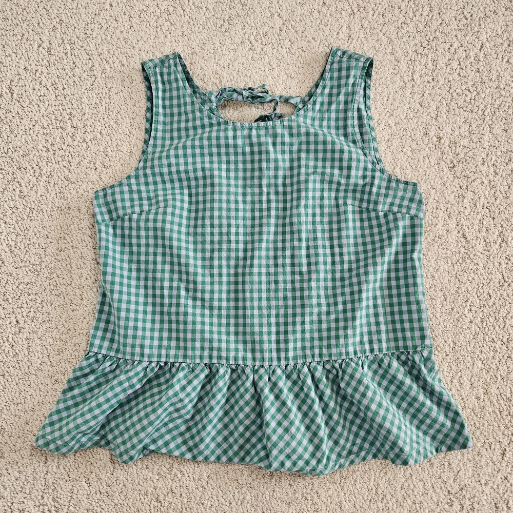 Medium J Crew Gingham Peplum Sleeveles Top Tank Bow Back Blue Green - Picture 9 of 9